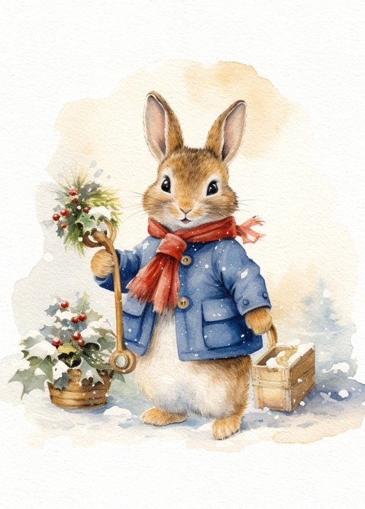 fairytale christmas watercolor animals postcard