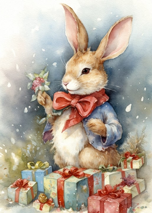 fairytale christmas watercolor animals postcard
