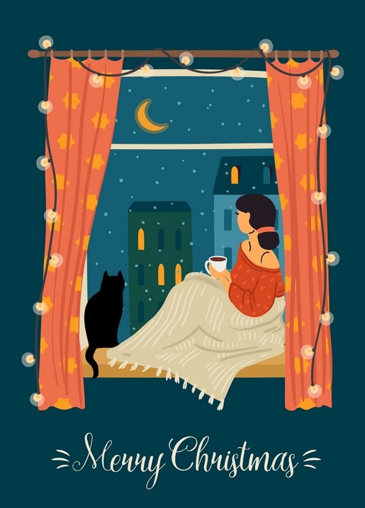 Frau mit Decke und schwarzer Katze auf der Fensterbank in einer Winternacht