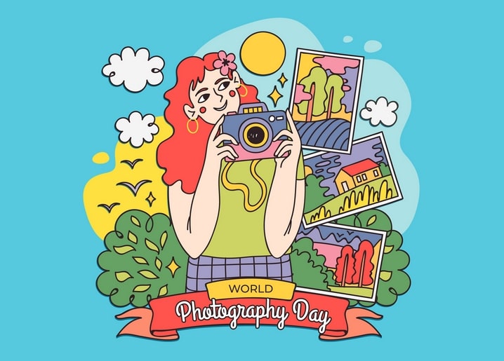 Woman with a flower in her hair holding a camera beside colorful landscape photos for World Photography Day