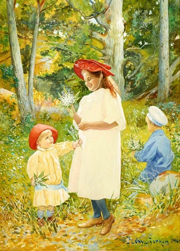Aquarell-Postkarte: Frau mit rotem Hut schenkt Kindern Wildblumen im herbstlichen Birkenwald, Jenny Nyström