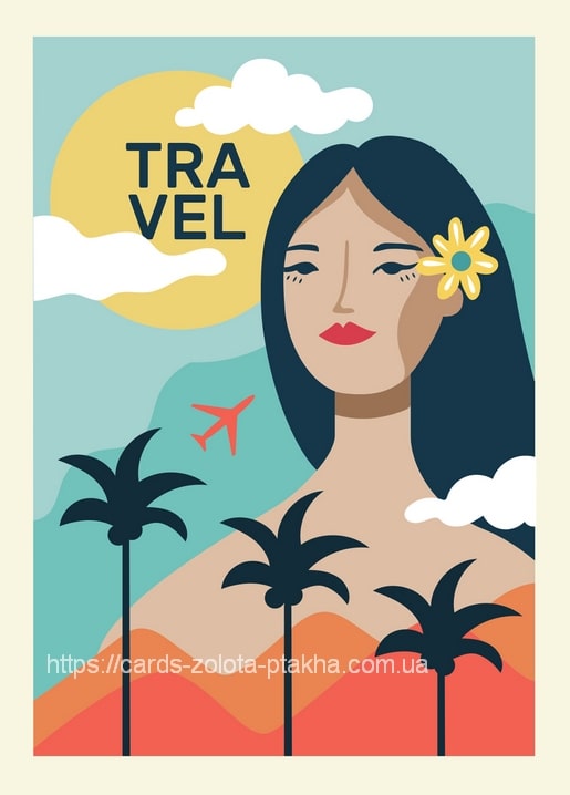Illustrierte Postkarte einer Frau mit Blume im Haar vor Palmen und orangefarbenen Bergen