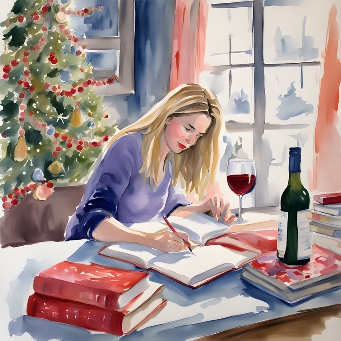 Watercolor illustration of a woman journaling with wine and books by a Christmas tree