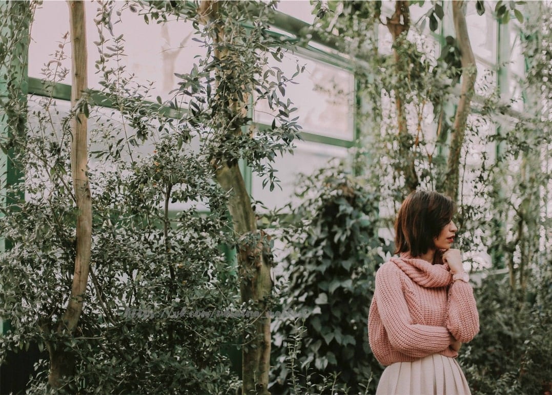 Frau im rosa Strickpullover zwischen grünen Pflanzen in einem Glasgewächshaus