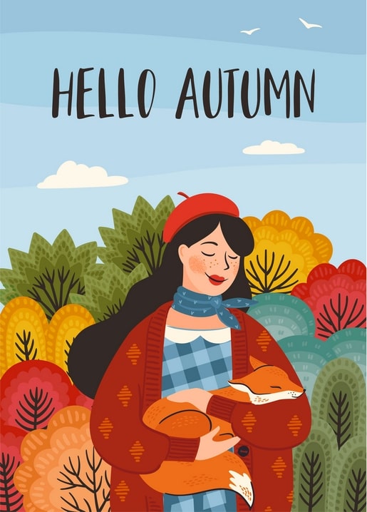 Illustrated postcard of a woman in a red beret holding a sleeping fox in a colorful autumn forest.