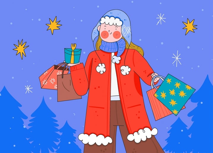 Woman in a red coat holding Christmas shopping bags and a wrapped gift under starry sky
