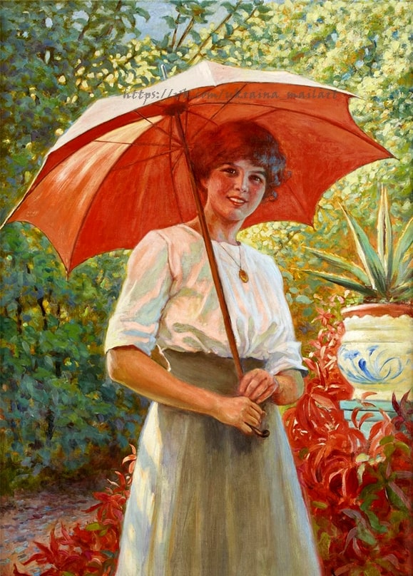 Aquarell-Porträt einer jungen Frau mit rotem Sonnenschirm bei rotem Laub und Aloe-Topf, Jenny Nyström zugeschrieben