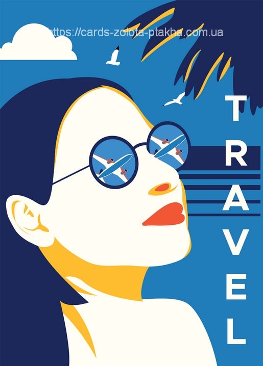 Frau mit runder Sonnenbrille, in der sich ein Flugzeug spiegelt, Möwen und Palmwedel