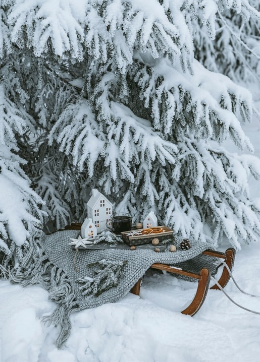 Holzschlitten mit winzigem verschneitem Dorf, Tasse und Zimt unter schneebedeckten Tannenzweigen