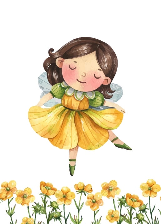 Aquarell-Fee im gelben Blütenkleid tanzt über goldenen Wildblumen