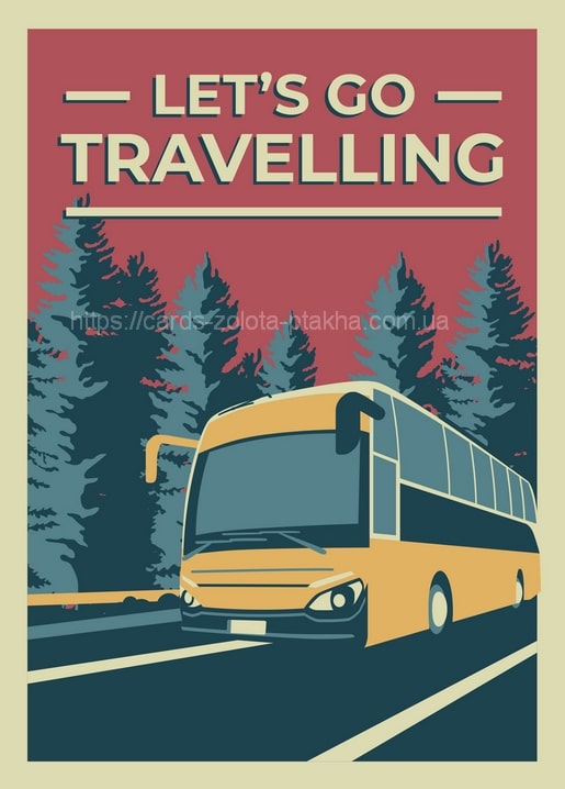 Retro-Reiseplakat-Postkarte mit gelbem Reisebus auf einer Waldstraße in der Dämmerung