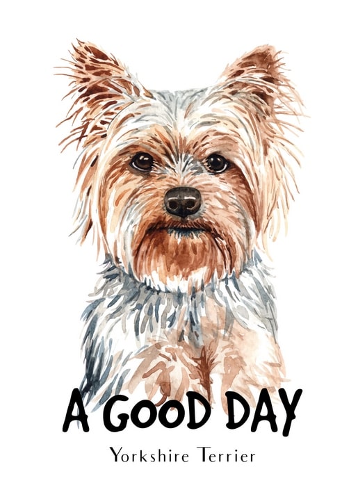 Aquarell-Postkarte mit Yorkshire Terrier und erhobener Pfote unter dem Schriftzug „Ein guter Tag“
