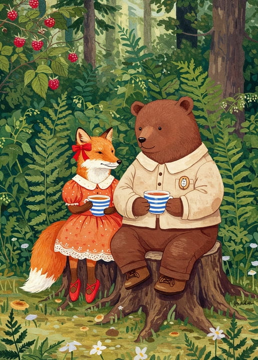 Illustrated postcard of a bear and fox drinking tea on a forest tree stump