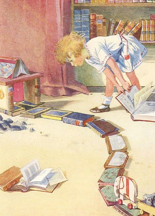 Vintage illustration of a girl arranging a winding trail of books on the floor beside a toy elephant and bookshelf