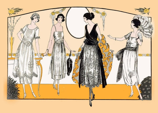 1920s fashion illustration of four women in evening gowns, one with a peacock-feather fan, under a rose trellis