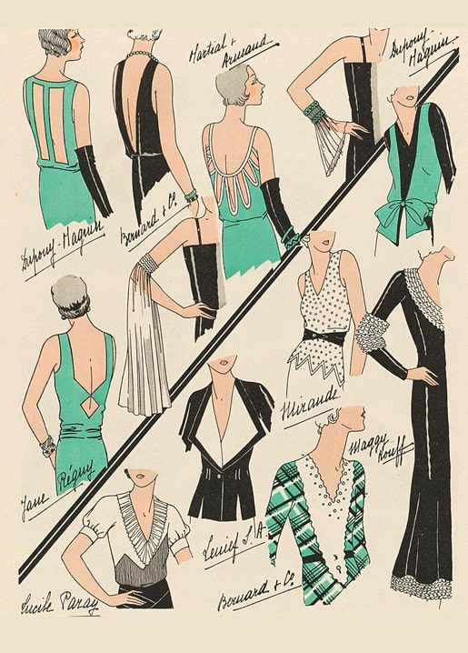 Vintage-Modeillustration der 1930er mit Abendkleidern Pariser Modehäuser