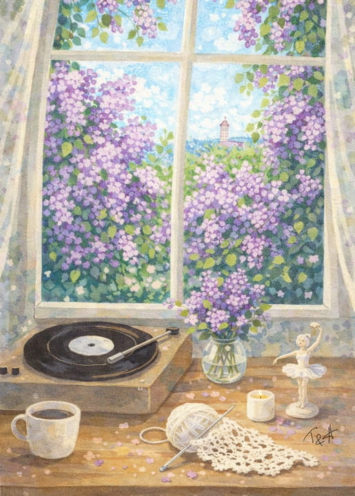 Watercolor postcard by T&A with blooming lilac outside the window, vinyl record player, coffee cup and knitting