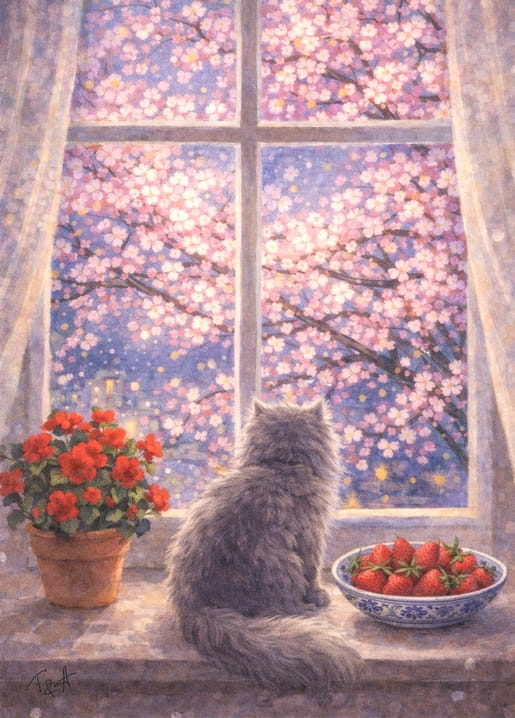 Fluffy cat sitting by a window with blooming cherry blossoms and strawberries in watercolor style by T&A