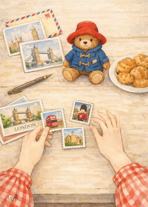 Watercolor postcard with teddy bear paddington, London postcards, postage stamps and travel souvenirs