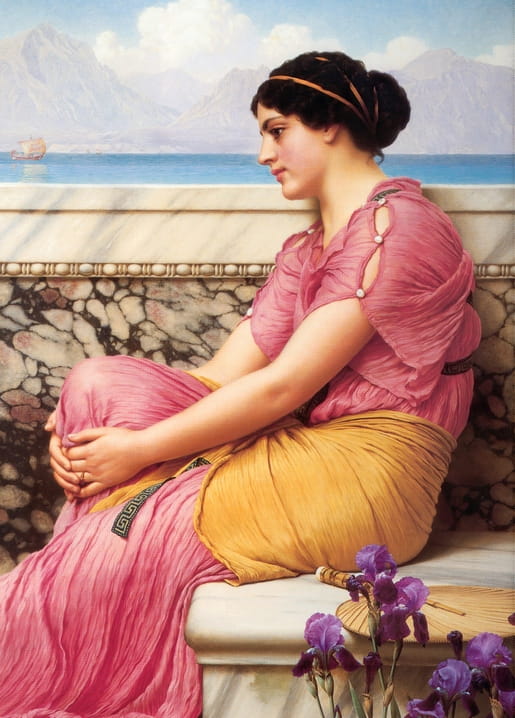 John William Godward's neoclassical woman in pink robes overlooking the sea, purple irises nearby
