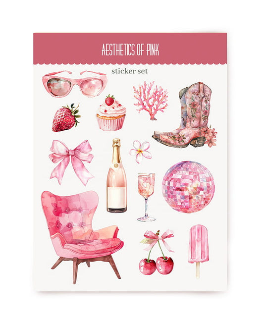 Rosa Stickerbogen mit Sonnenbrille, Cowboystiefeln, Discokugel und Kirschen