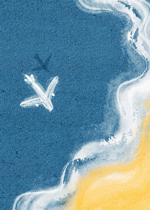Aquarell-Postkarte mit kleinem Flugzeug über blauem Meer nahe einem Sandstrand