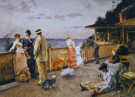 Alfred Stevens painting of fashionable crowds strolling a seaside boardwalk past a busy beach pavilion