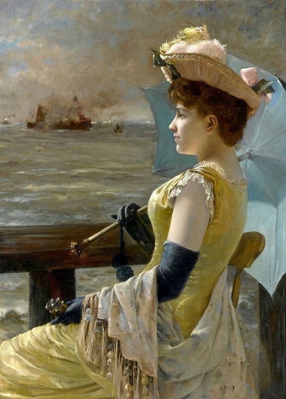 Gemälde einer Frau in Gelb mit Fernglas und Sonnenschirm am Meer, Alfred Stevens