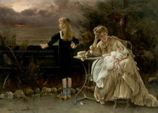 Alfred Stevens painting of a mother with a sleeping baby and a girl facing a stormy sunset sea