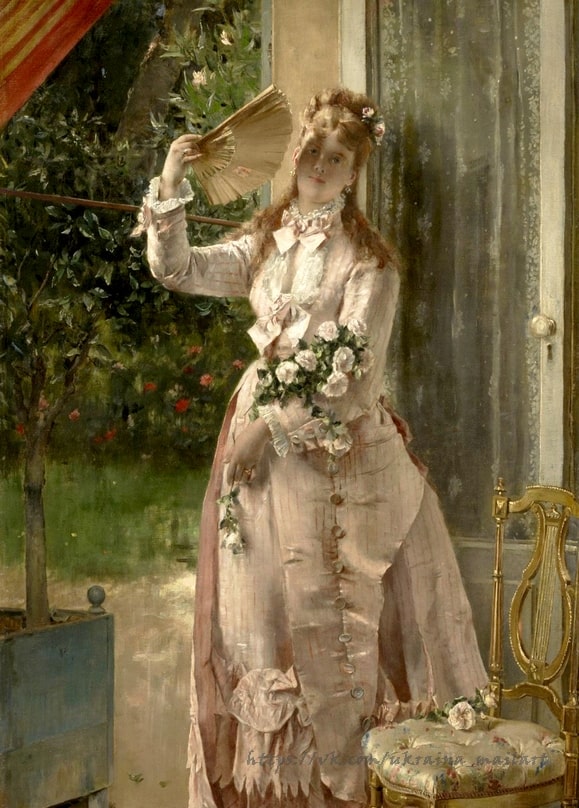 Woman in a pink dress raising a lace fan, roses in hand, on a garden terrace by Alfred Stevens