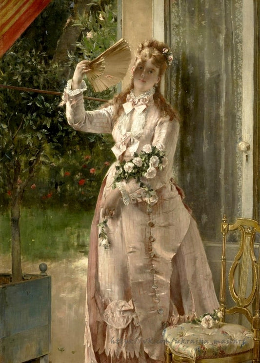 Woman in a pink dress raising a lace fan, roses in hand, on a garden terrace by Alfred Stevens