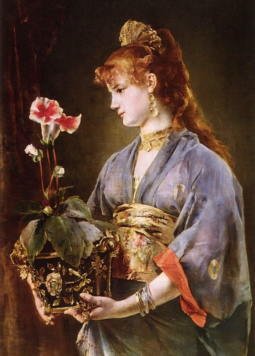 Painting of a woman in a blue-grey kimono holding pink hibiscus in a gilt jardinière