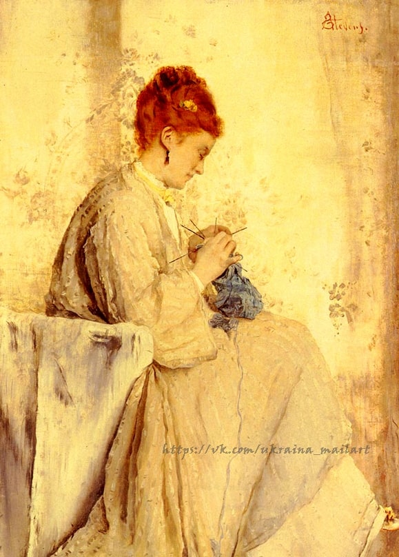 Gemälde von Alfred Stevens: Frau im Profil strickt blaugraue Wolle im goldenen Licht