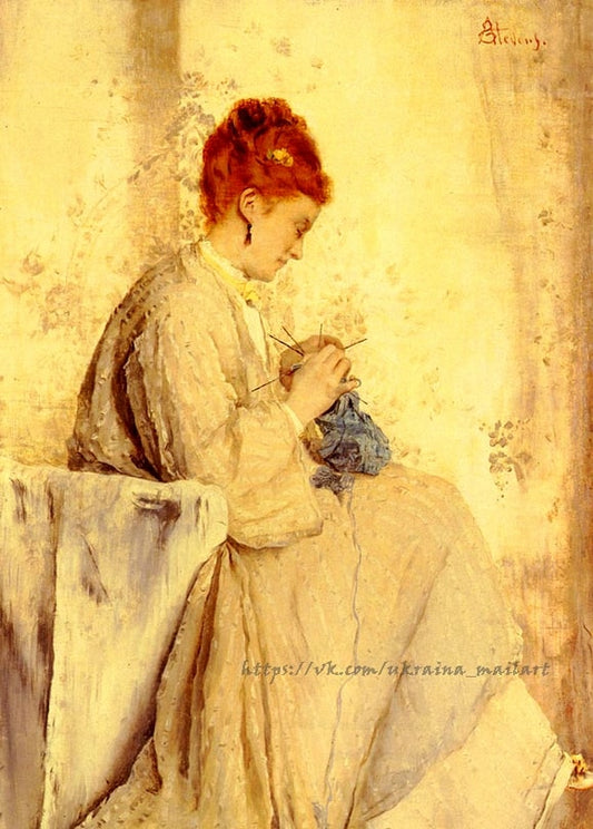Gemälde von Alfred Stevens: Frau im Profil strickt blaugraue Wolle im goldenen Licht