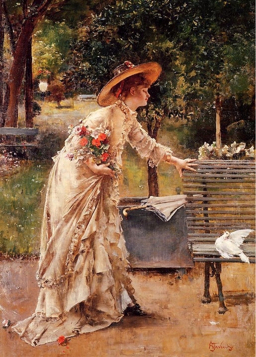 Painting of a woman in a cream dress offering flowers to a white dove on a park bench