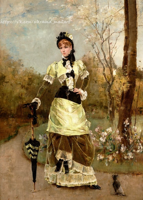 Alfred Stevens painting of a woman in a pale yellow gown in a blossoming spring garden with a small dog