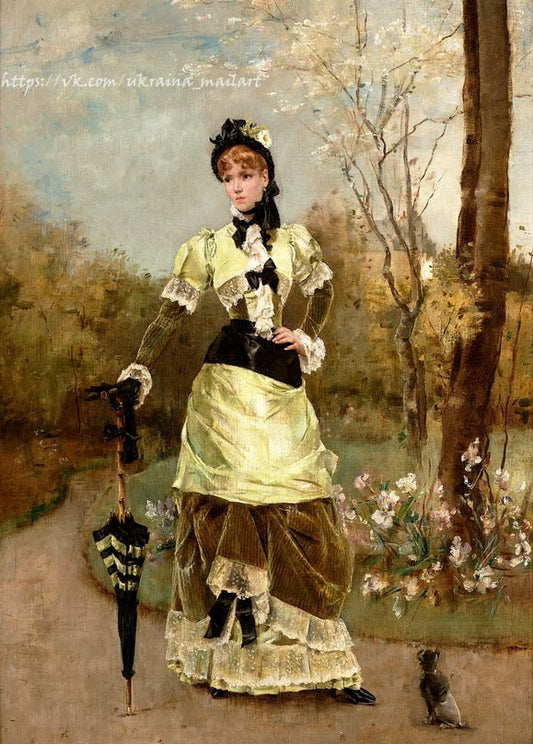 Alfred Stevens painting of a woman in a pale yellow gown in a blossoming spring garden with a small dog