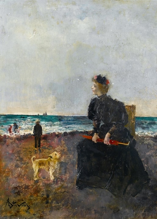 Alfred Stevens painting of a woman in black with a red parasol and terrier watching the sea from a beach dune