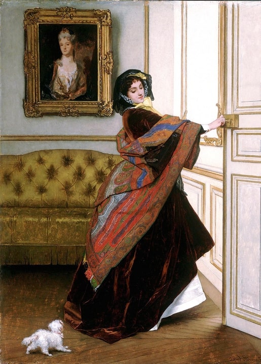 Painting of a woman in maroon velvet and cashmere shawl at a gilded door, small white dog nearby