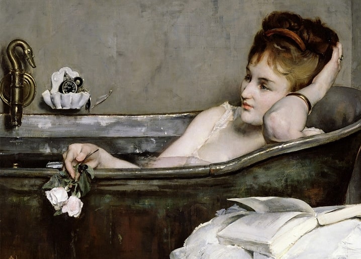 Alfred Stevens' ‘Le Bain’ (1867): woman bathing amid pink roses and a swan-shaped brass tap