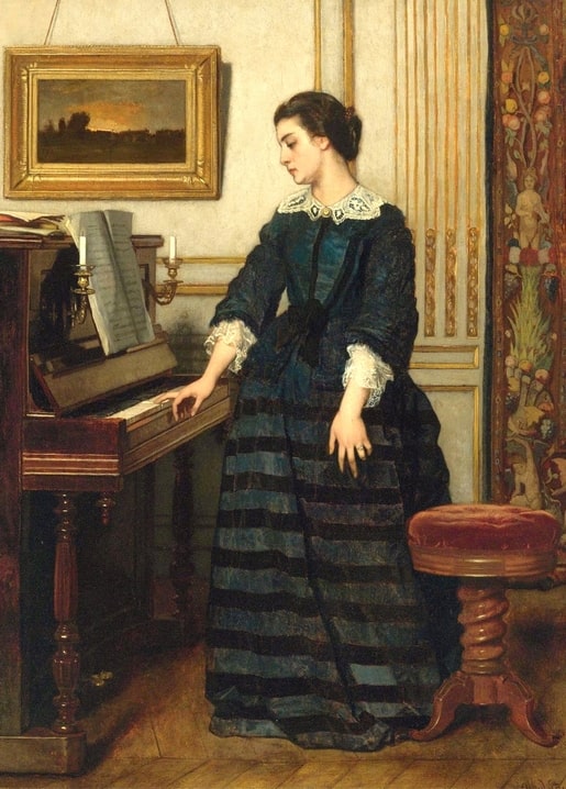 Alfred Stevens painting of a woman in a striped dress playing piano by candlelight