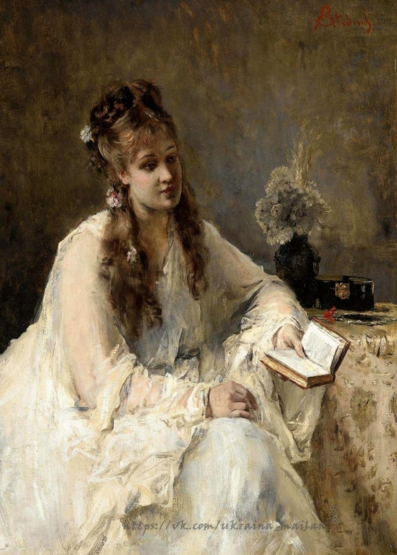 Gemälde von Alfred Stevens: Frau versunken beim Lesen neben blassen Hortensien auf dem Tisch