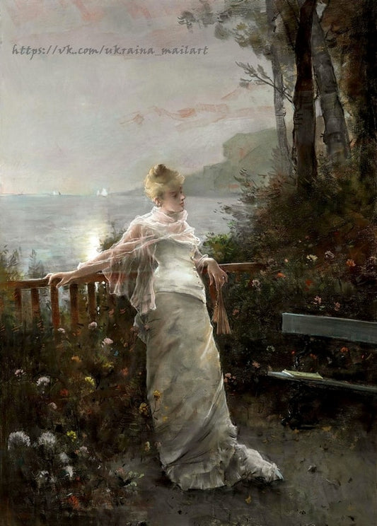 Woman in white leaning on a coastal railing at dusk with an unopened letter, Alfred Stevens
