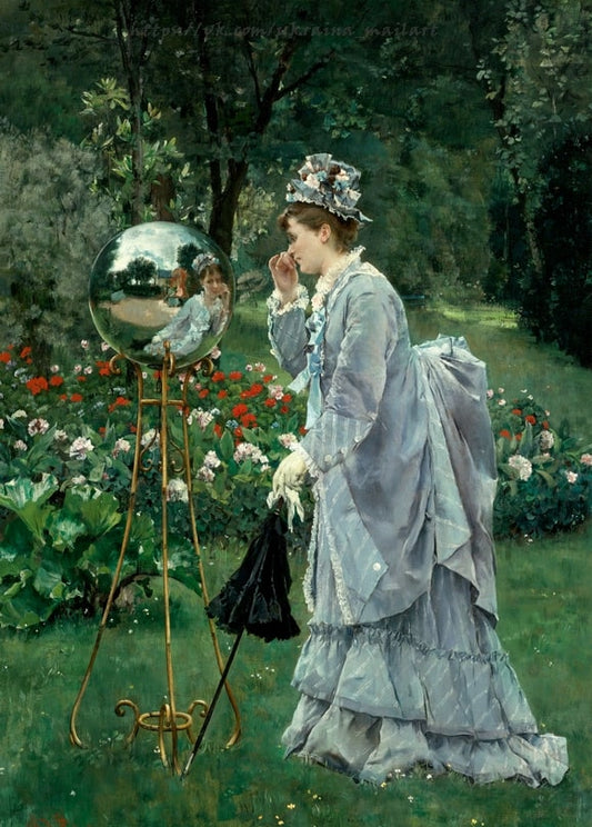 Woman in a lavender gown gazing into a silver garden globe among red and pink flowers, Alfred Stevens