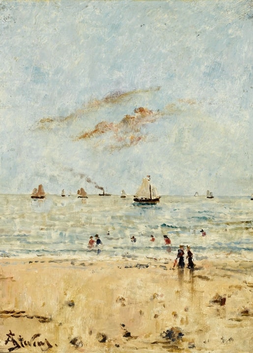 Alfred Stevens painting of bathers and children on a beach with sailboats and a smoking steamer