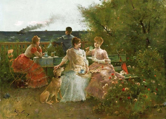 Alfred Stevens painting of three women taking tea on a garden terrace above the sea