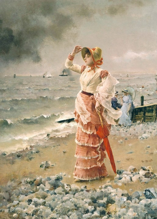Painting of a woman in a pink dress holding her bonnet on a stormy beach with sailing ships