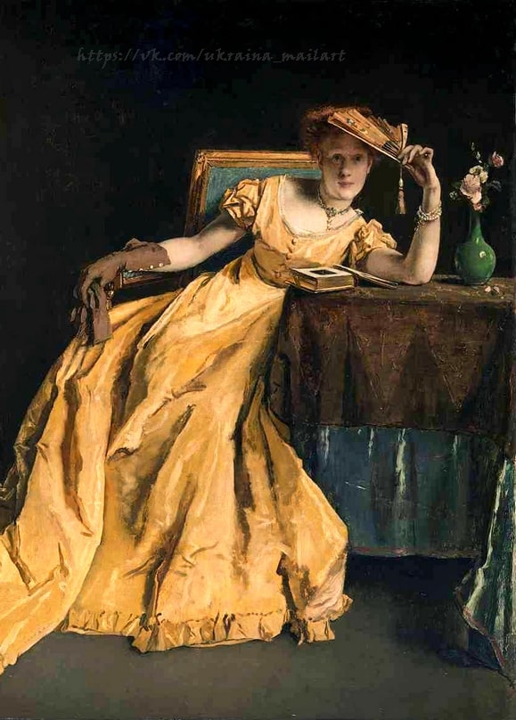 Alfred Stevens' painting of a woman in golden-yellow satin holding a fan beside a gilt chair