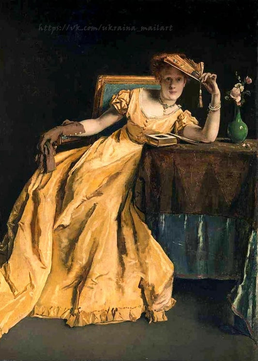 Gemälde von Alfred Stevens: Frau im goldgelben Satinkleid mit Fächer neben vergoldetem Sessel