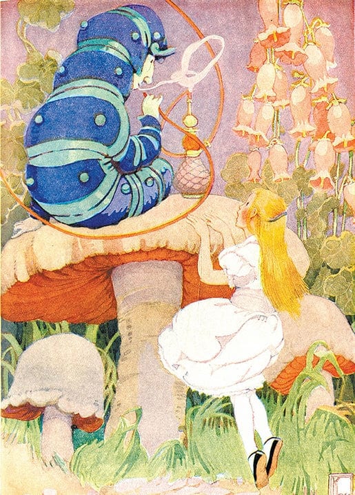 Illustration of Alice and the blue Caterpillar smoking on a mushroom among foxgloves